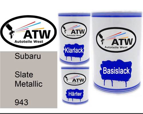 Subaru, Slate Metallic, 943: 500ml Lackdose + 500ml Klarlack + 250ml Härter - Set, von ATW Autoteile West.
